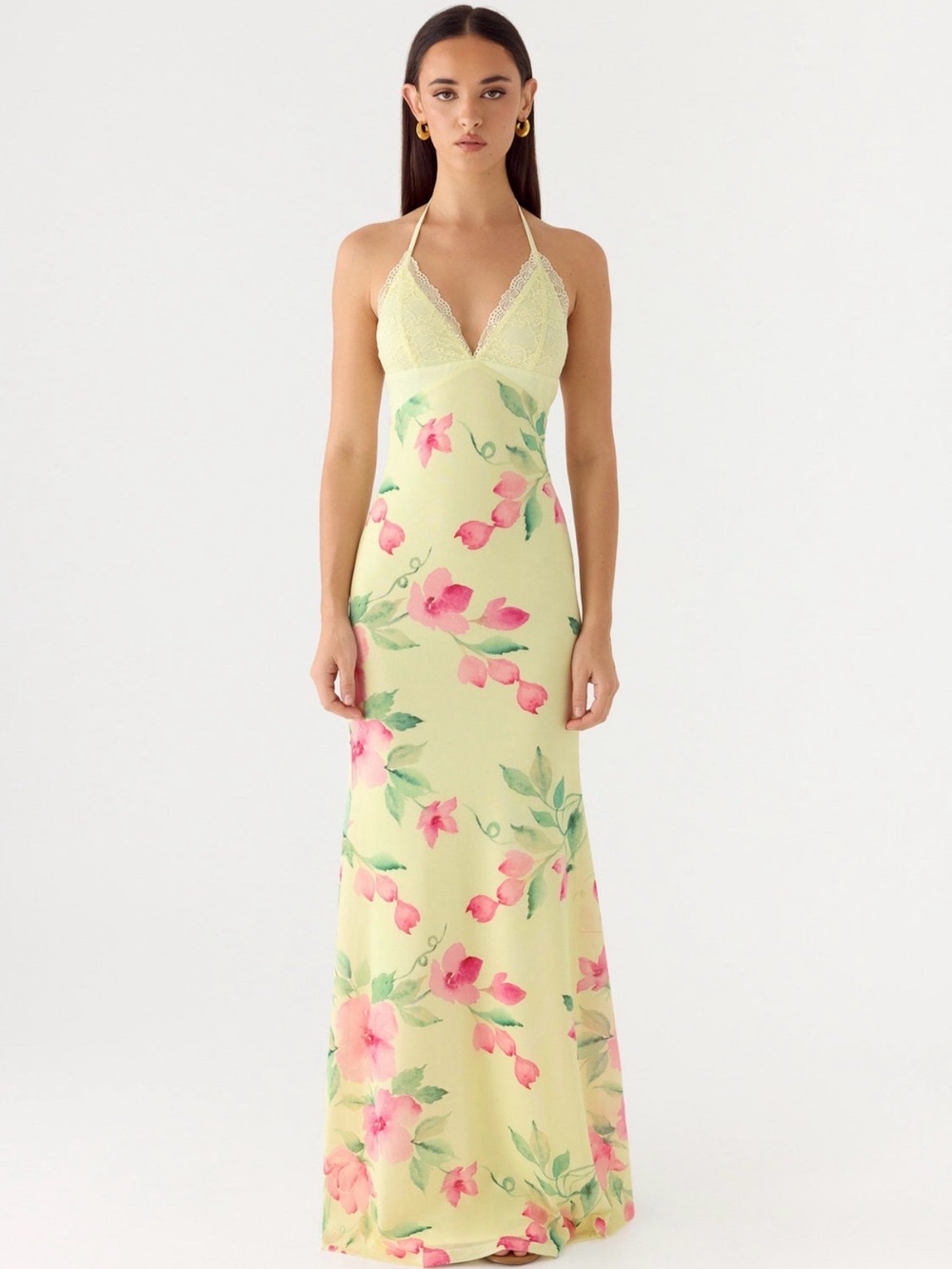 NWT Peppermayo Pale Yellow Floral Lace-Trim Halter Open Back Maxi Dress 6